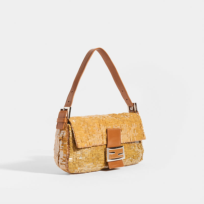 Brown gold Baguette bag crochet, vintage sequin bag, checkered