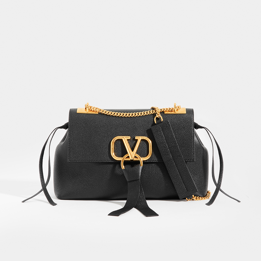 Front view of the VALENTINO Garavani VRING Small Shoulder Bag in Black Leather