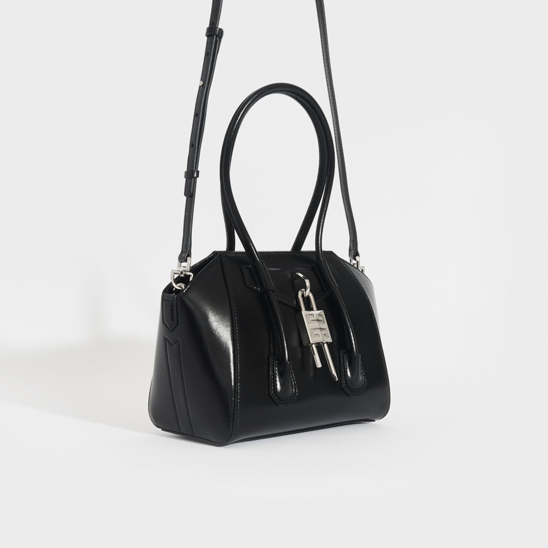 Antigona Lock Mini Leather Bag in Black