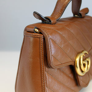 GUCCI GG Marmont Mini Top Handle Bag in Quilted Brown Leather [ReSale]
