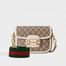 Load image into Gallery viewer, Front view of the GUCCI 1955 Horsebit Mini Bag in GG Supreme Canvas with White Leather