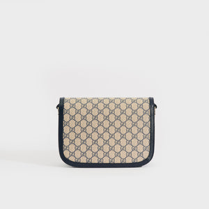 GUCCI Horsebit 1955 Shoulder Bag in Canvas and Navy Blue Leather Trim