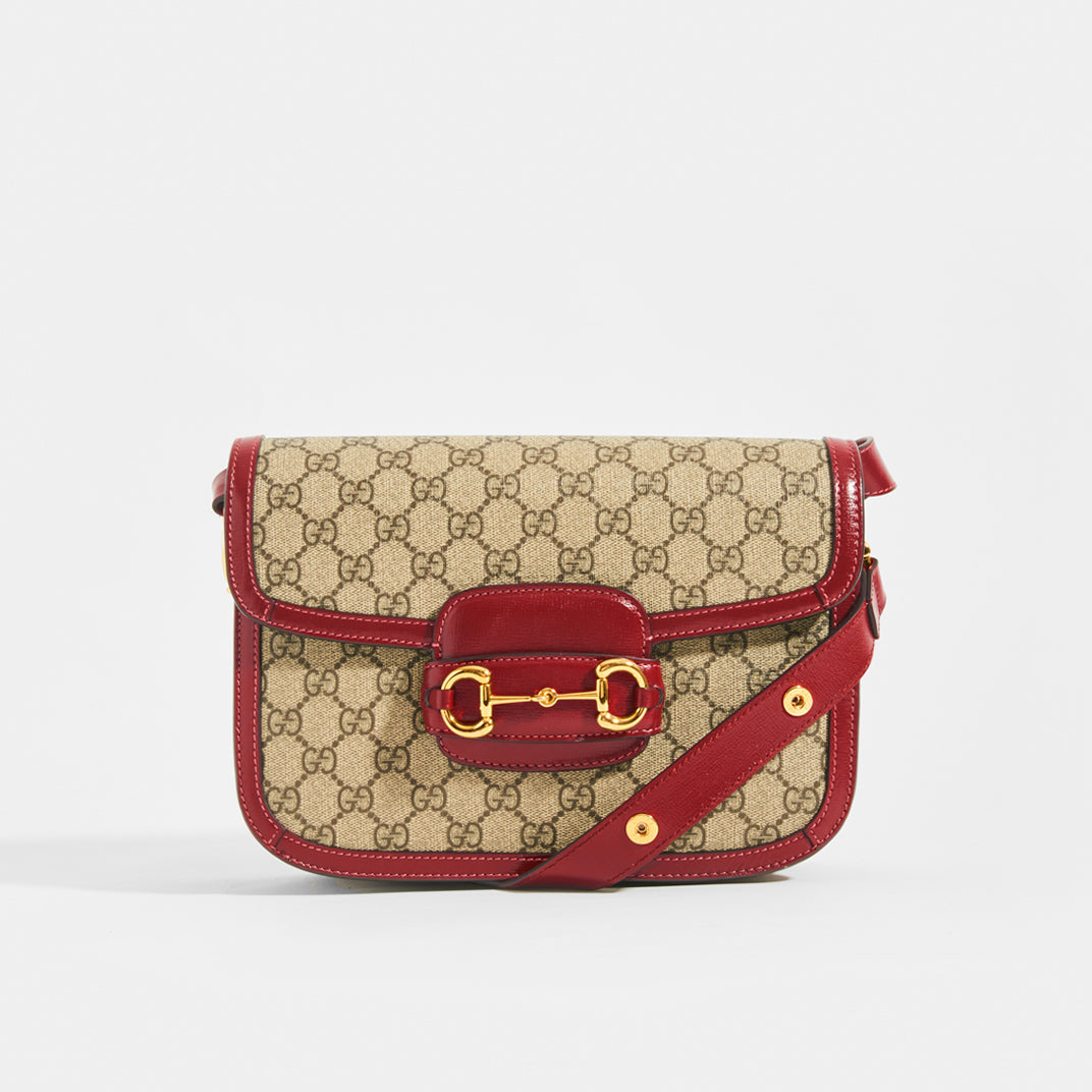 GUCCI 1955 Horsebit Shoulder Bag in Coated GG Canvas with Red Leather