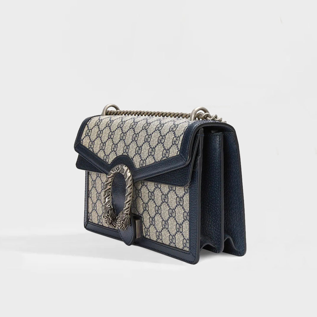 Dionysus Small GG Supreme Bag with Navy Trim