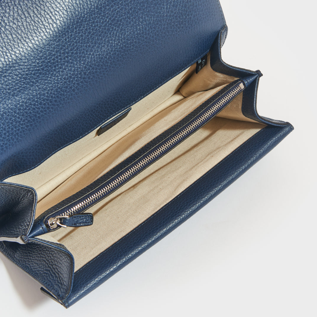 Dionysus Small Leather Shoulder Bag in Blue With Crystal Buckle