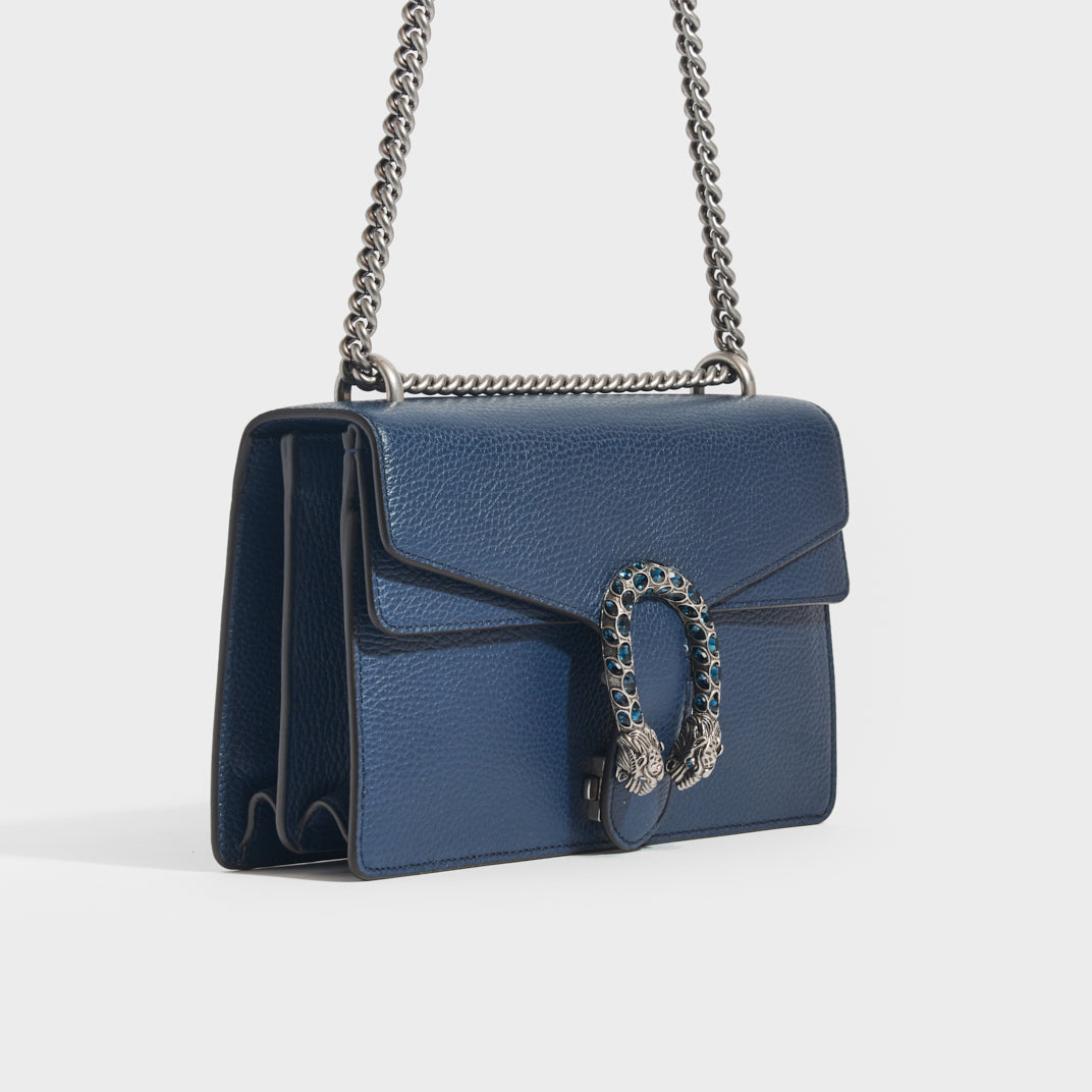 GUCCI Dionysus Small Leather Shoulder Bag in Blue With Crystal