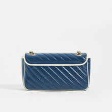 Load image into Gallery viewer, Back view of Gucci GG Marmont Small Shoulder Bag in Navy Matelasse Leather with White trim
