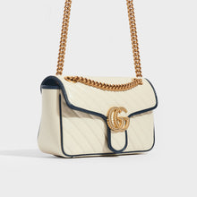 Load image into Gallery viewer, Side view of Gucci Marmont Small Shoulder Bag in White Leather with Navy Blue trim
