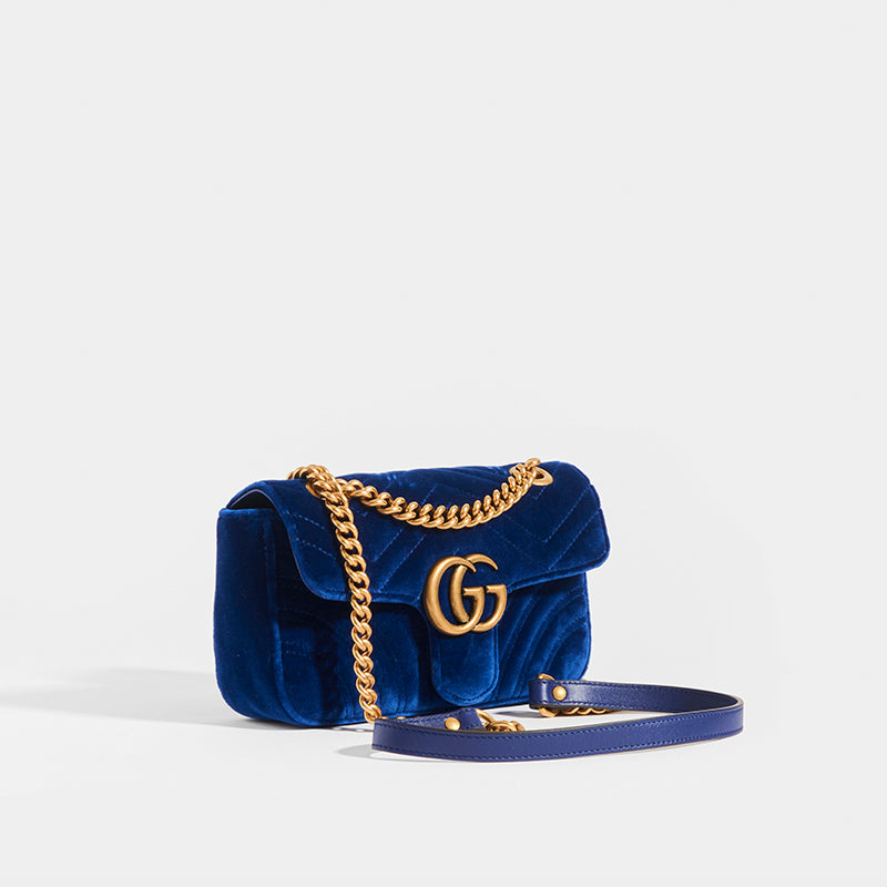 Gucci Marmont Mini Chain Cobalt Blue Velvet Shoulder Bag - MyDesignerly