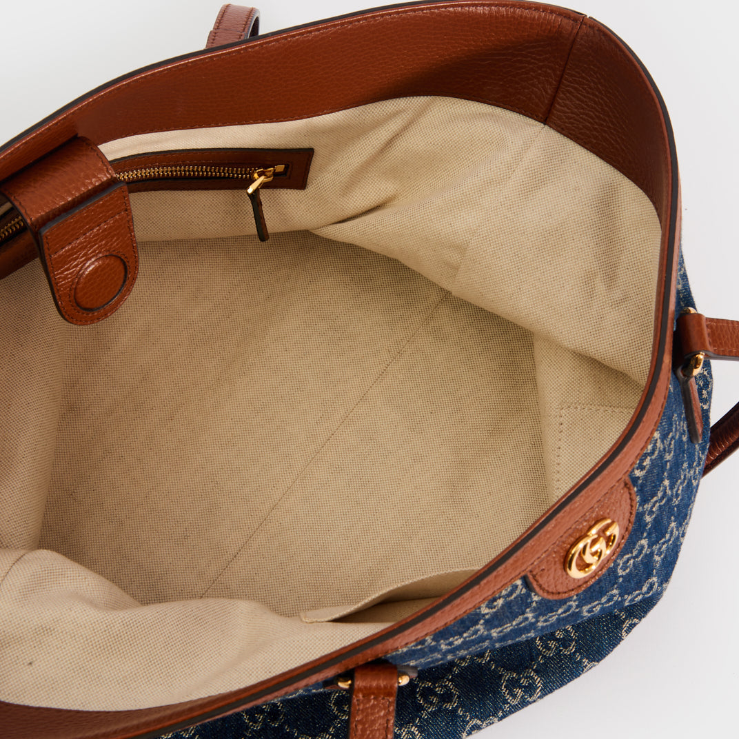 Ophidia GG Medium Tote in Blue and Ivory Denim