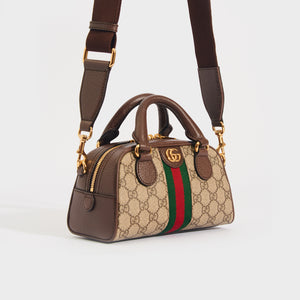 GUCCI Ophidia Mini GG Top Handle Bag in Beige and Ebony GG Supreme Canvas