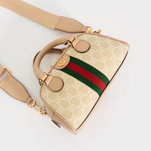 GUCCI Ophidia Mini GG Top Handle Bag in Beige and White GG Supreme Canvas