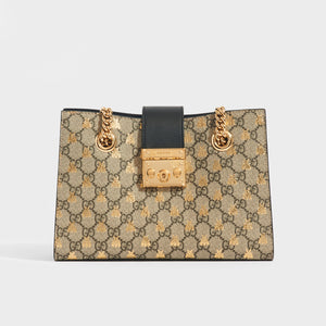 GUCCI Padlock Small GG Bees Shoulder Bag in GG Supreme with Black Leather