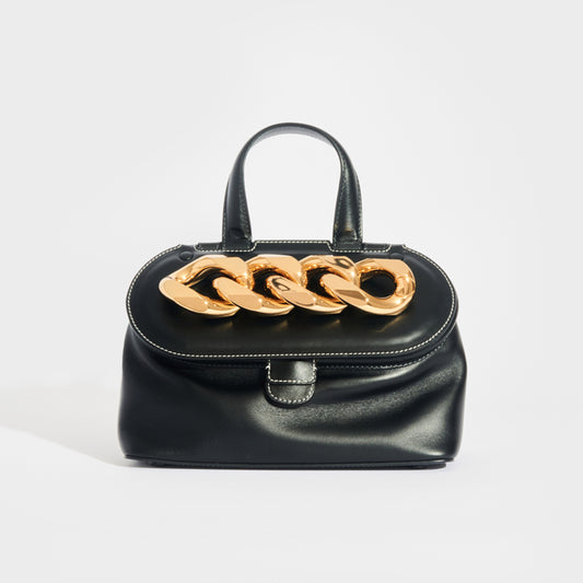 Small Chain Lid Leather Shoulder Bag in Black