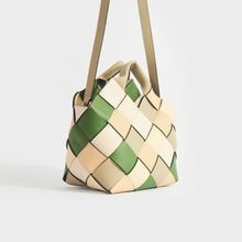 Load image into Gallery viewer, Side view of the LOEWE Woven Upcycled-Leather Basket Bag in Beige &amp; Green