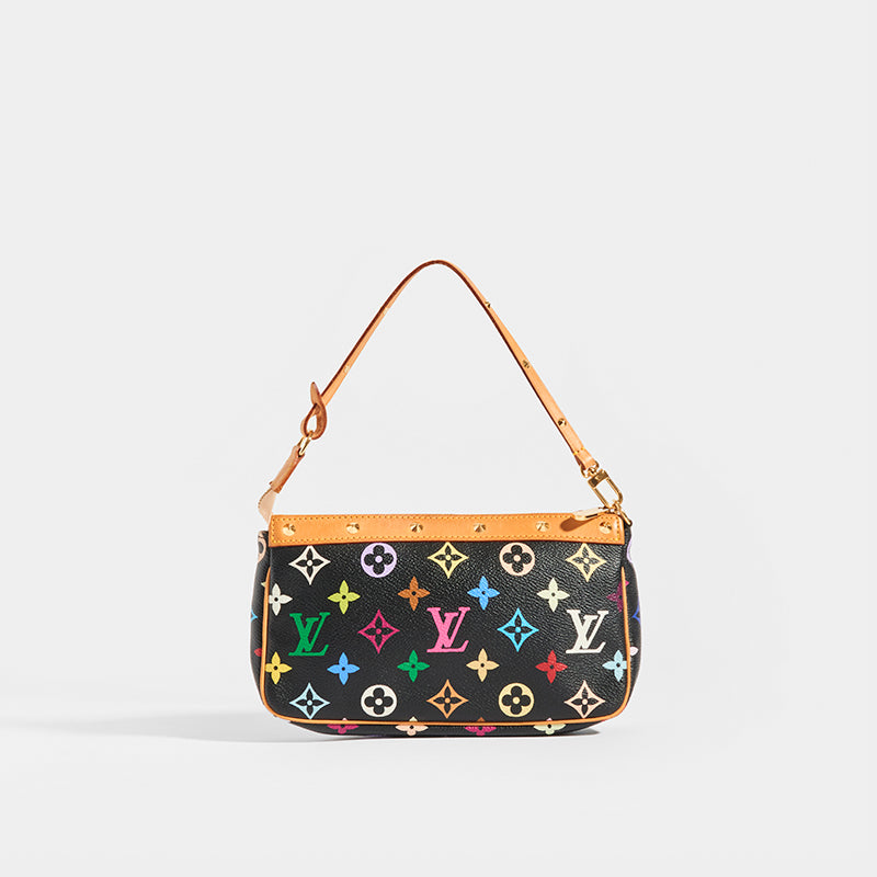 Vtg 2000s Louis Vuitton Takashi Murakami LV Monogram Black Rainbow Leather Pochette Mini Shoulder Bag