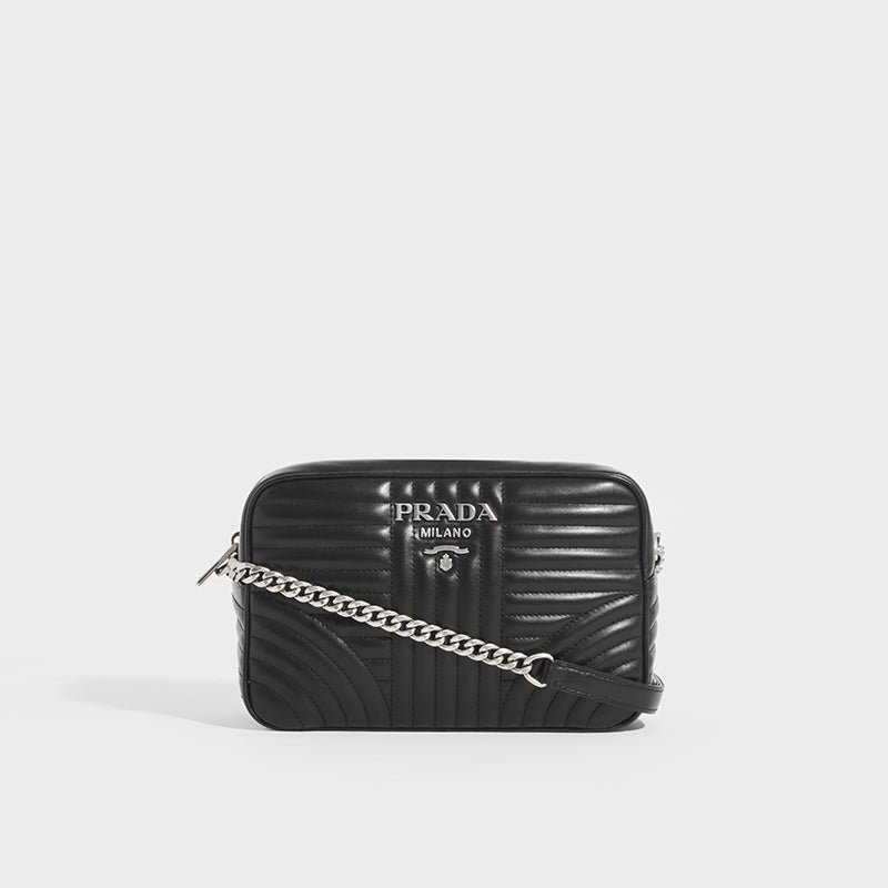 Front view of Prada Diagramme shoulder bag in black leather and silver chain and hardware