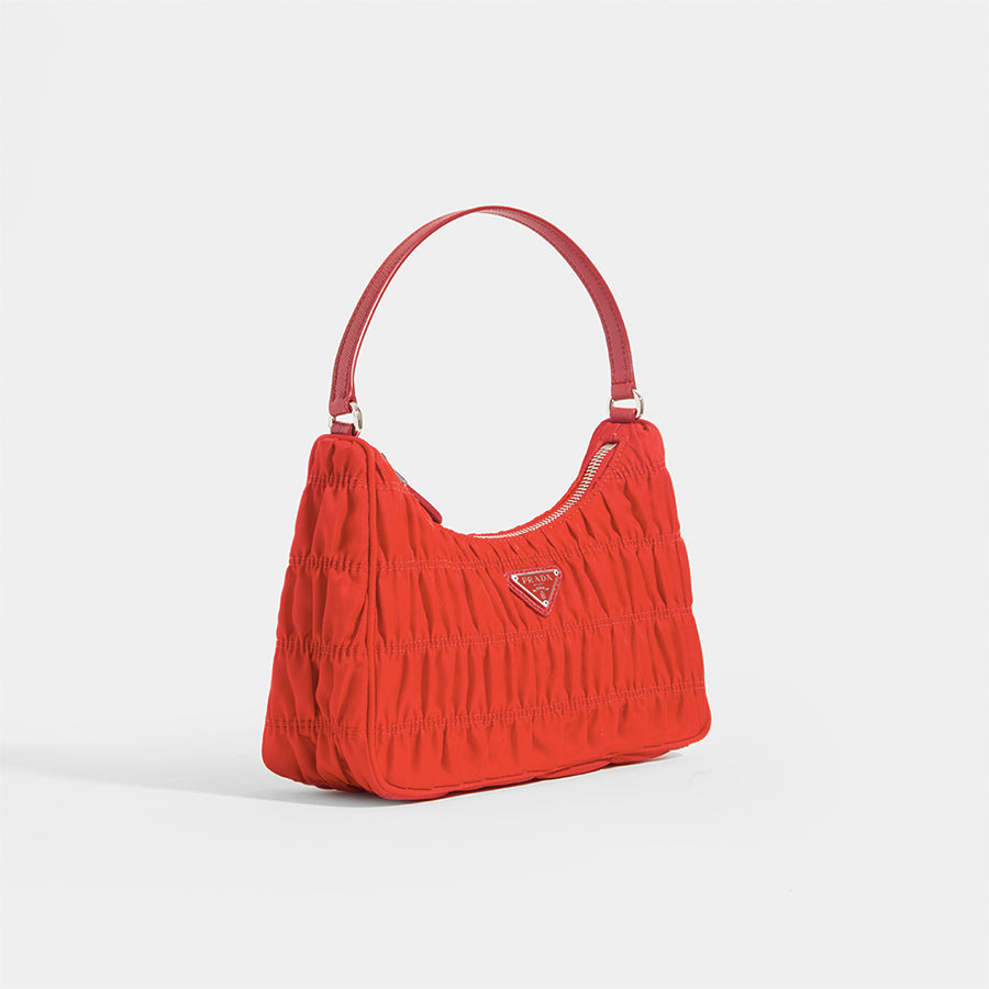 PRADA Ruched Hobo Bag in Red Nylon
