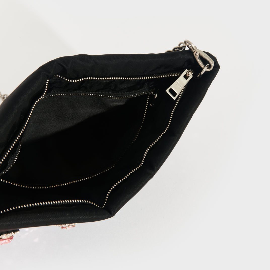 Catene Crystal Embellished Padded Nylon Clutch in Black