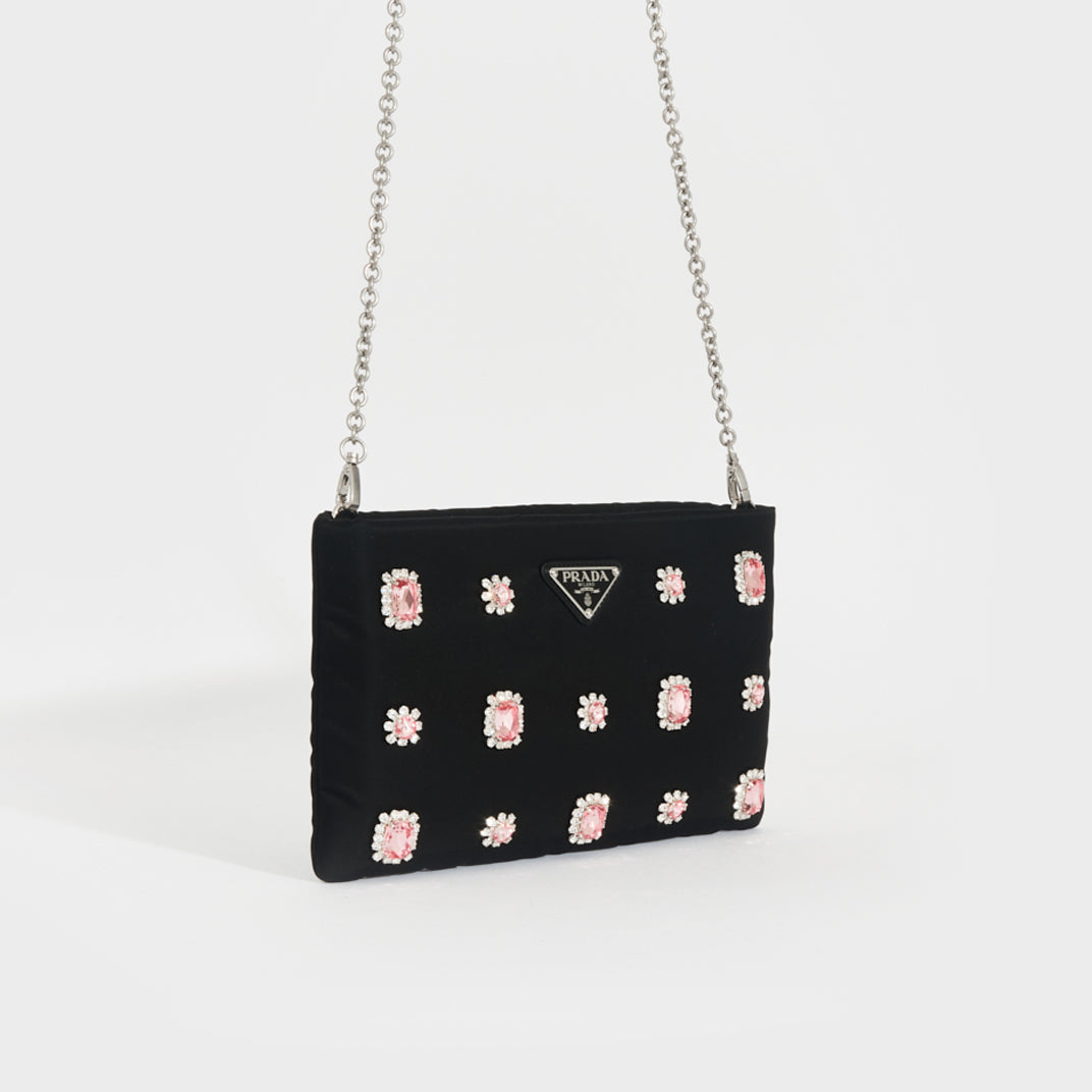 Catene Crystal Embellished Padded Nylon Clutch in Black