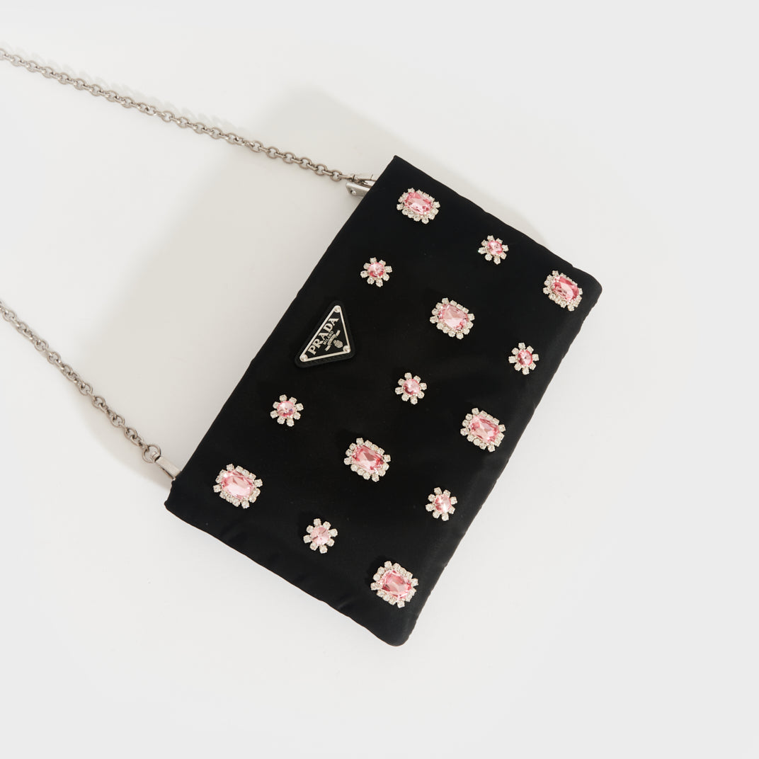 Catene Crystal Embellished Padded Nylon Clutch in Black