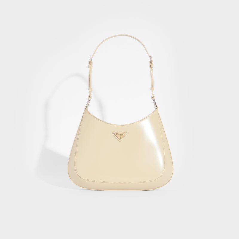 PRADA Cleo Brushed Leather Shoulder Bag in Desert Beige with extendable strao