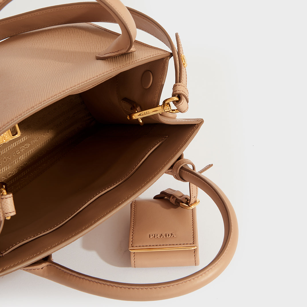 Double Tote Bag in Beige Saffiano Leather