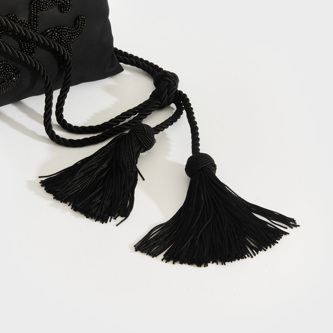 Floral-Beaded Nylon Bag in Black