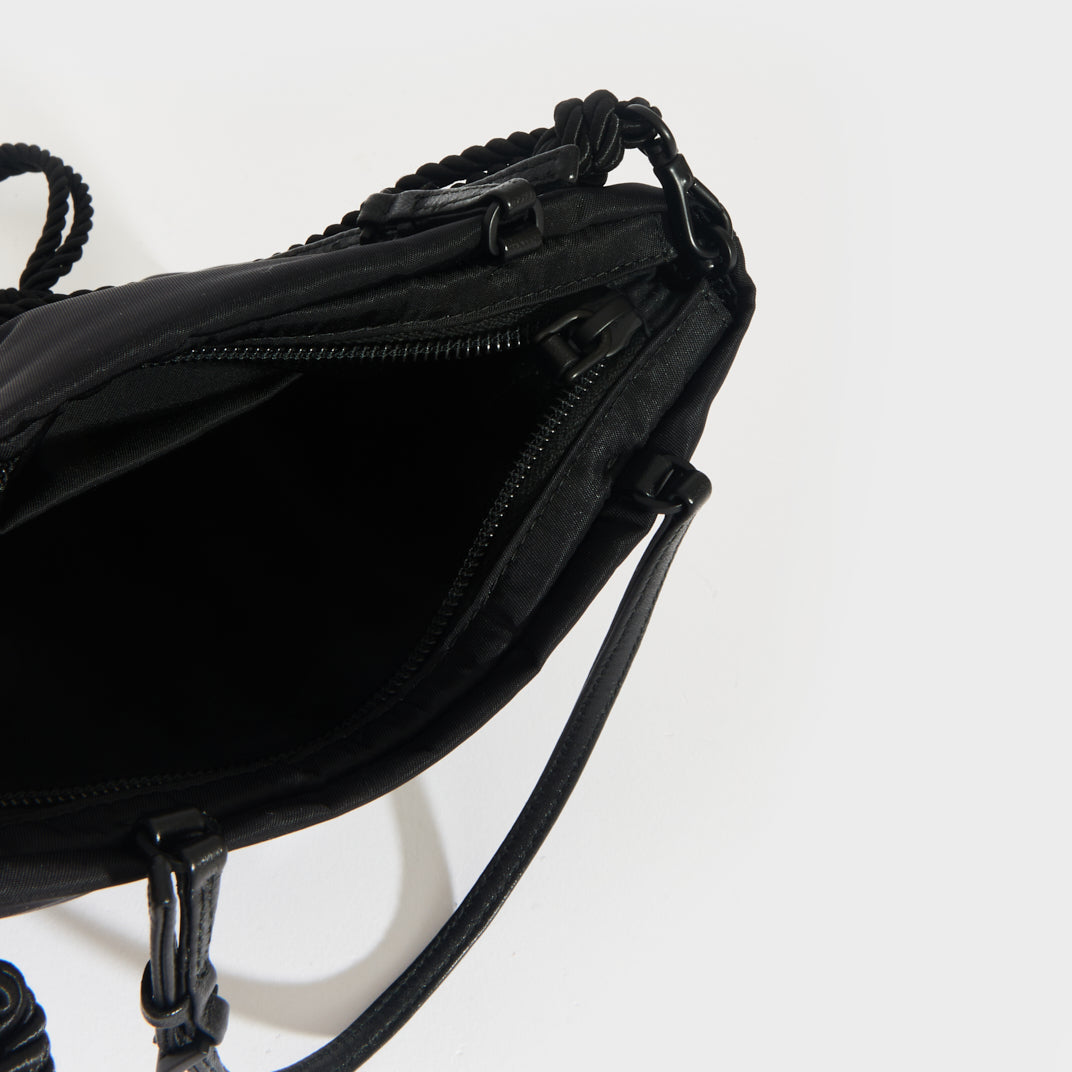 Floral-Beaded Nylon Bag in Black
