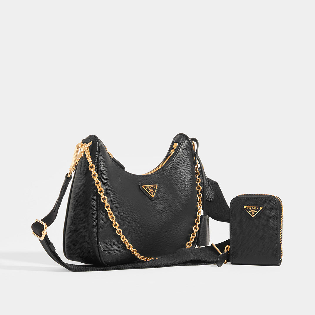 Prada Leather Cross Body Bag Black Gold Re-Edition 2005 Saffiano Leather Bag  – The Luxury Shopper