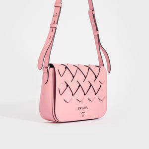 Side view of the PRADA Large Woven Motif Leather Shoulder Bag in Pink