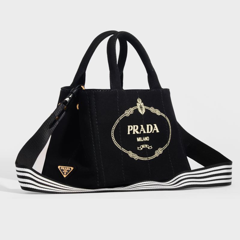 PRADA, Logo Printed Canvas Tote Bag in Black