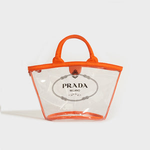 PRADA PVC Clear Logo-Print Tote in Clear/Orange