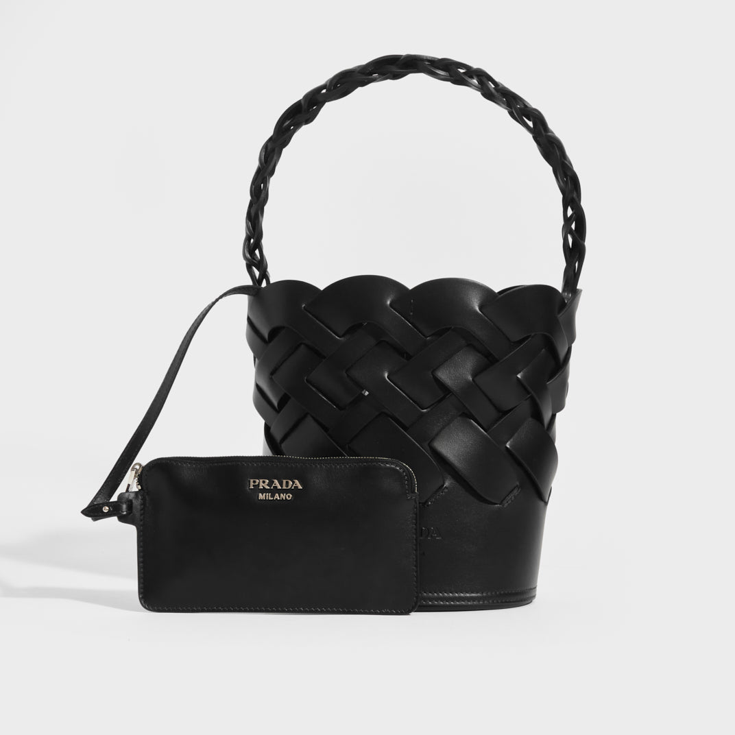 PRADA Small Woven Leather Bucket Bag in Black