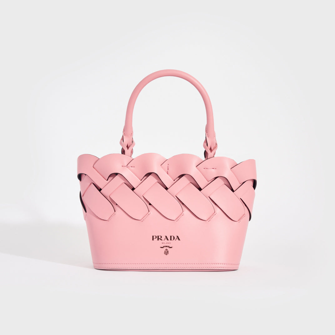 Front view of the PRADA Small Woven Leather Tote in Pink