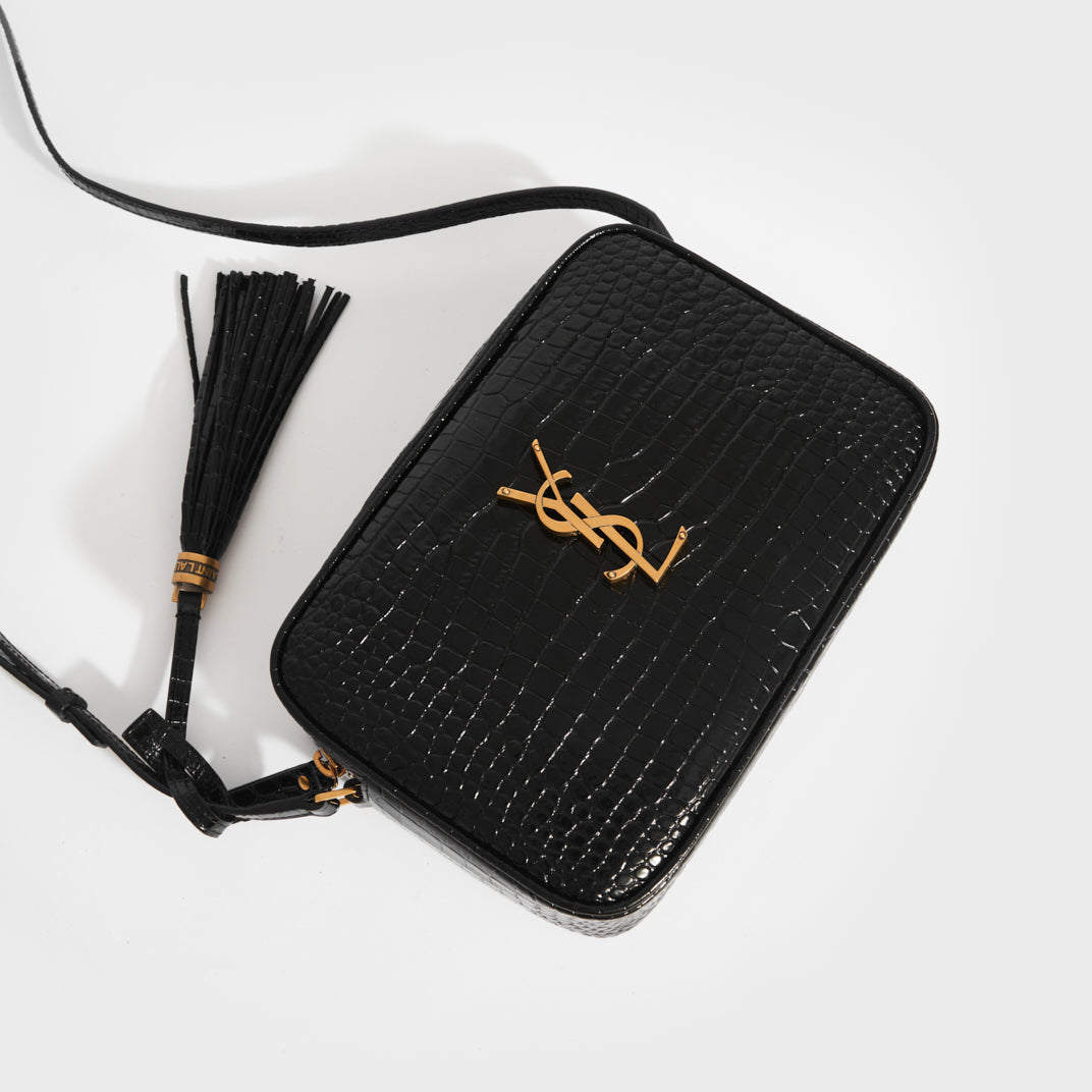 Lou Camera Bag in Black Croc-Embossed Leather with Gold Hardware