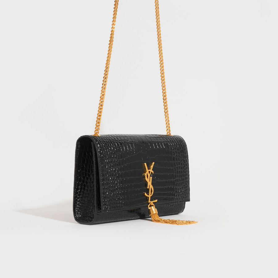 Saint Laurent Kate Box Bag Rippled Patent Leather Black in Calfskin with  Gold-tone - US