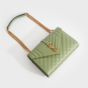 SAINT LAURENT Medium Monogram Quilted Leather Envelope Shoulder Bag in Sage Green