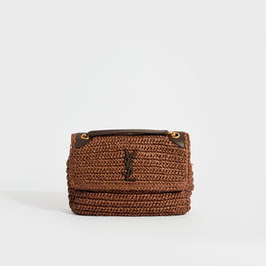 SAINT LAURENT Niki Medium Leather-Trimmed Raffia Shoulder Bag in Brown