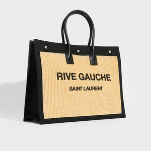 SAINT LAURENT Rive Gauche Leather and Raffia Tote Bag