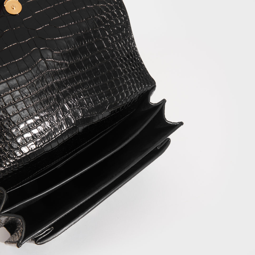 Sunset Medium Croc-Effect Leather Shoulder Bag in Black