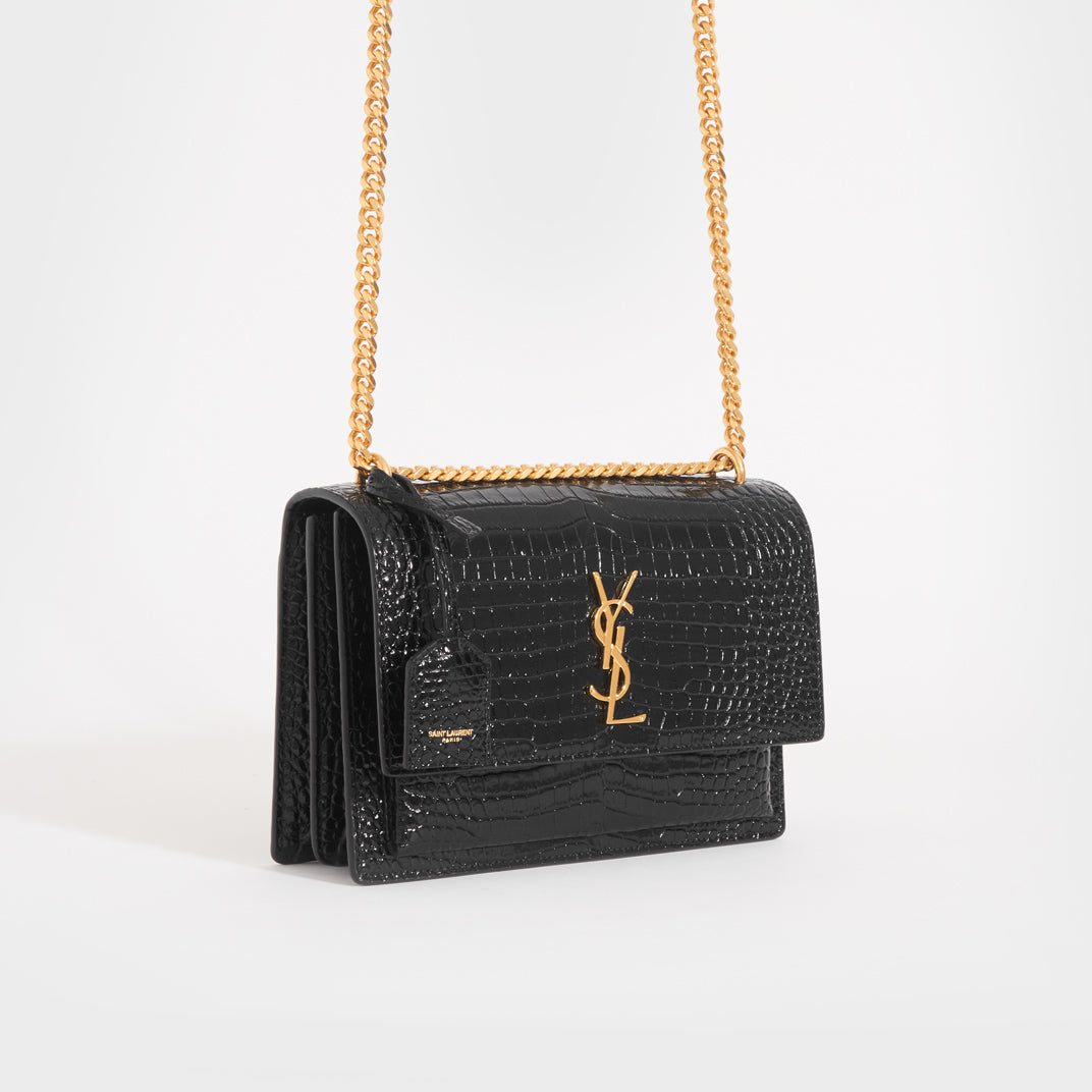 Saint Laurent Medium Sunset Bag, Black Croc Embossed, Gold Hardware