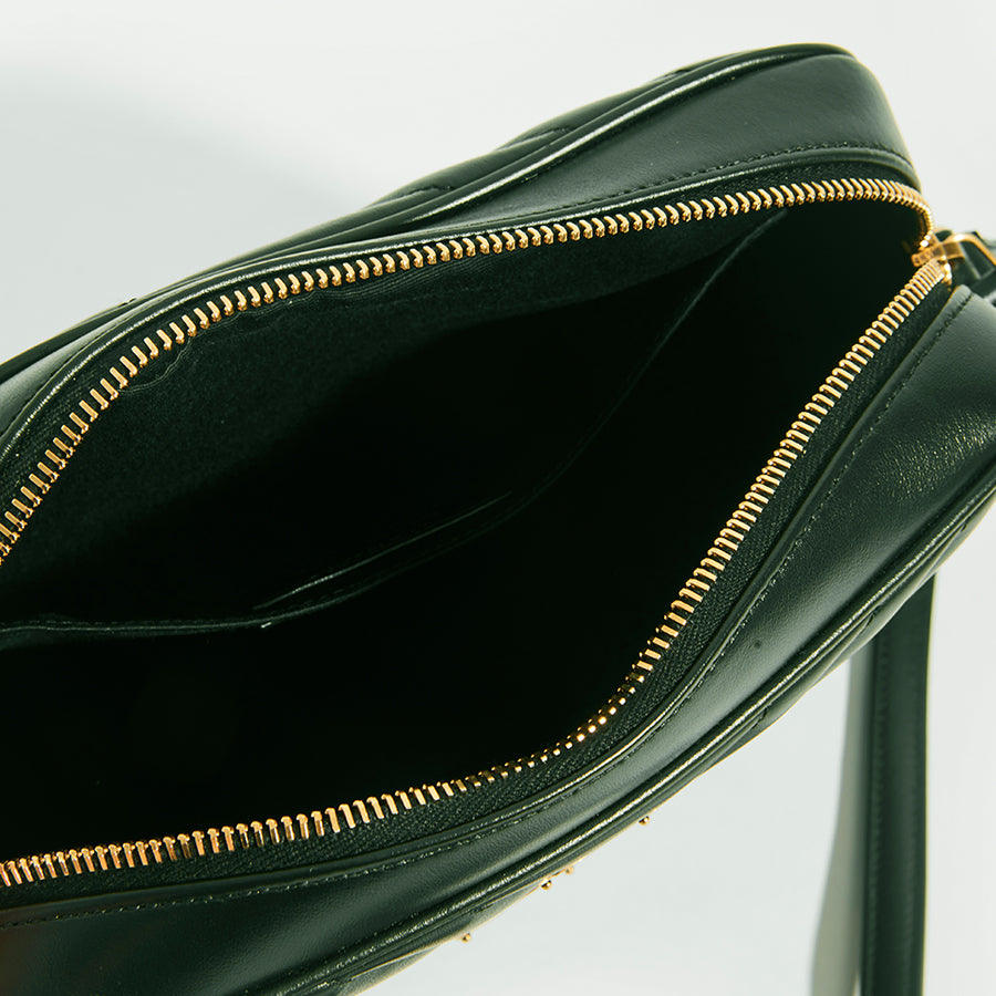Inside of SAINT LAURENT Lou Camera Bag in Dark Green Matelassé Leather