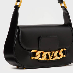 VALENTINO Medium V-Logo Chain Leather Shoulder Bag in Black