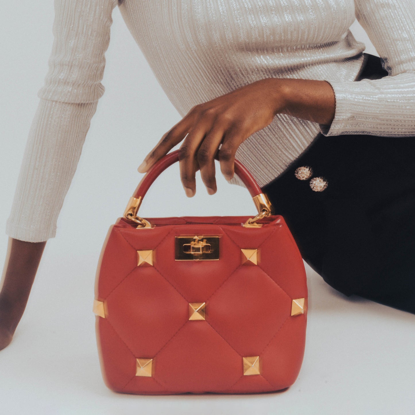 Garavani Roman Stud Small Quilted Leather Tote in Red