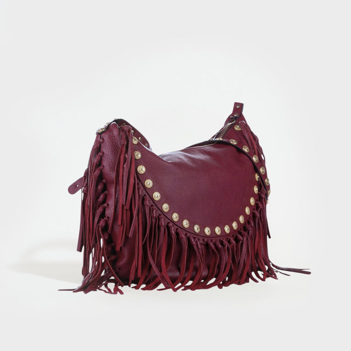 C-Rockee Studded Fringe Hobo in Burgundy Leather