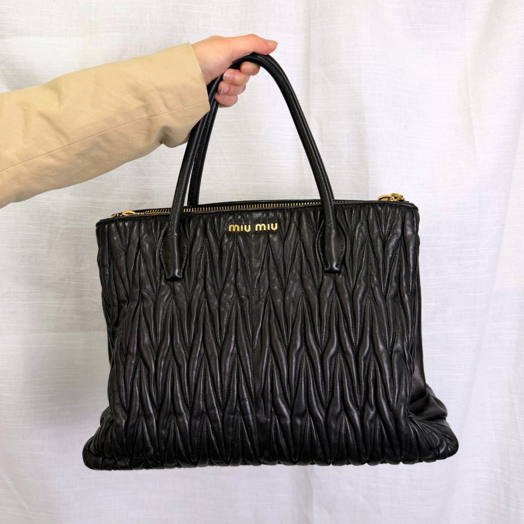 MIU MIU Quilted Nappa Matelassé Leather Tote in Black | COCOON