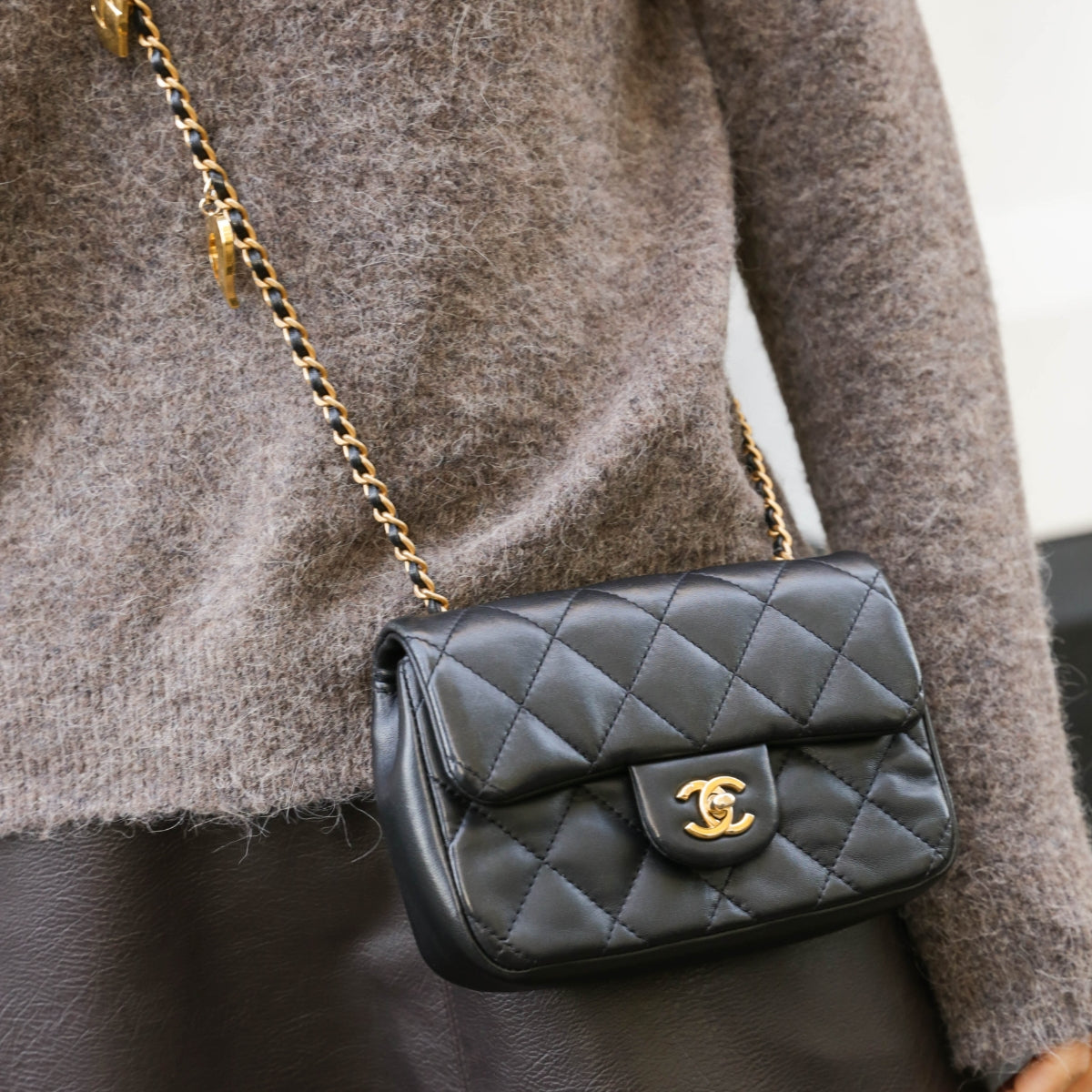 Heart Charms Mini Flap Bag in Black Calfskin