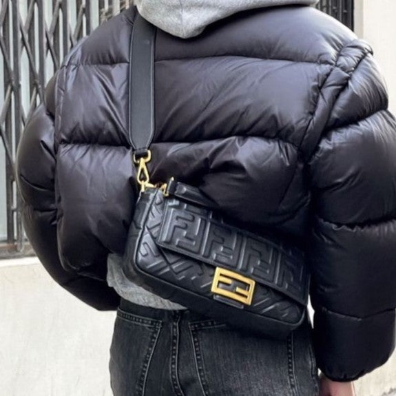 Small Zucca Baguette Bag in Black Embossed Leather