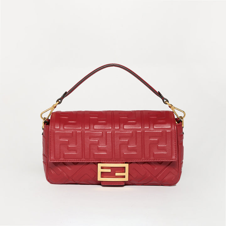 Small Zucca Baguette Bag in Red Embossed Leather